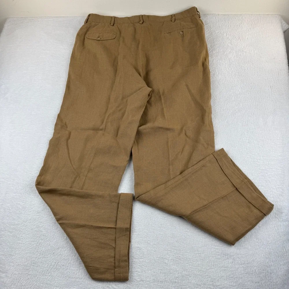 Vintage Polo Ralph Lauren Linen Trousers Mens 38x32 Tan Brown Pleated Cuff Pants